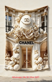 Luxury Chanel Egg & Camellia Flannel Throw Blanket  Paris Store Pearl Print IMG_7197